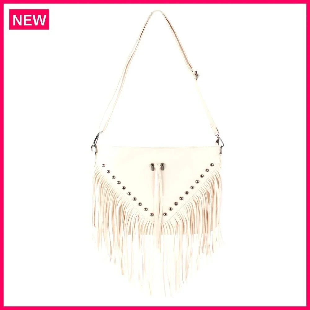 Large Leather Fringe Messenger Hobo Crossbody Bag with Tassel - Picture 1 of 8